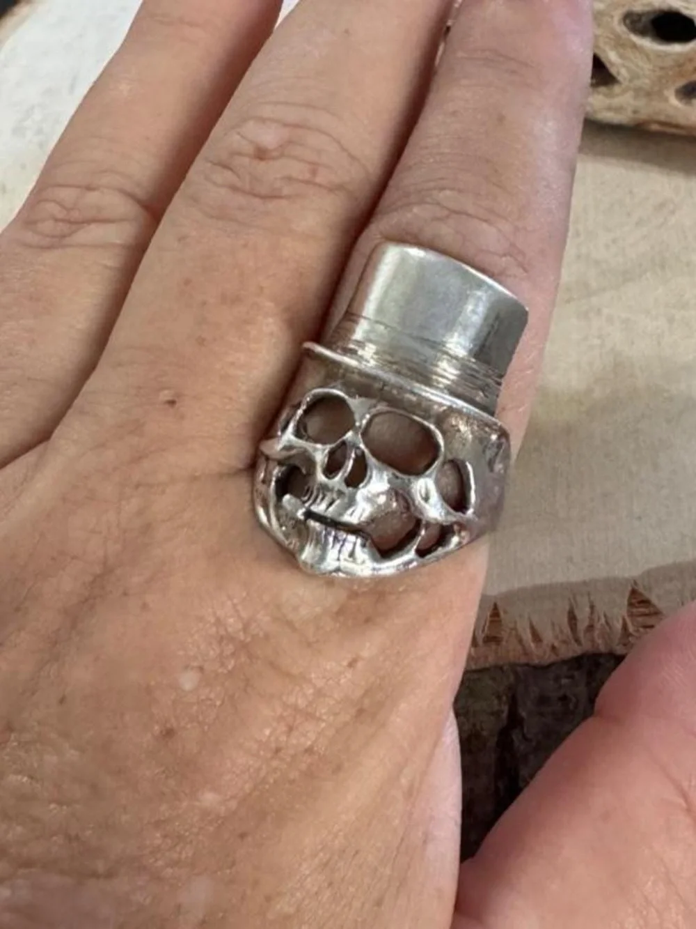 925 Sterling Silver Vintage Skull & Hat Biker Gothic Punk Ring Size 13